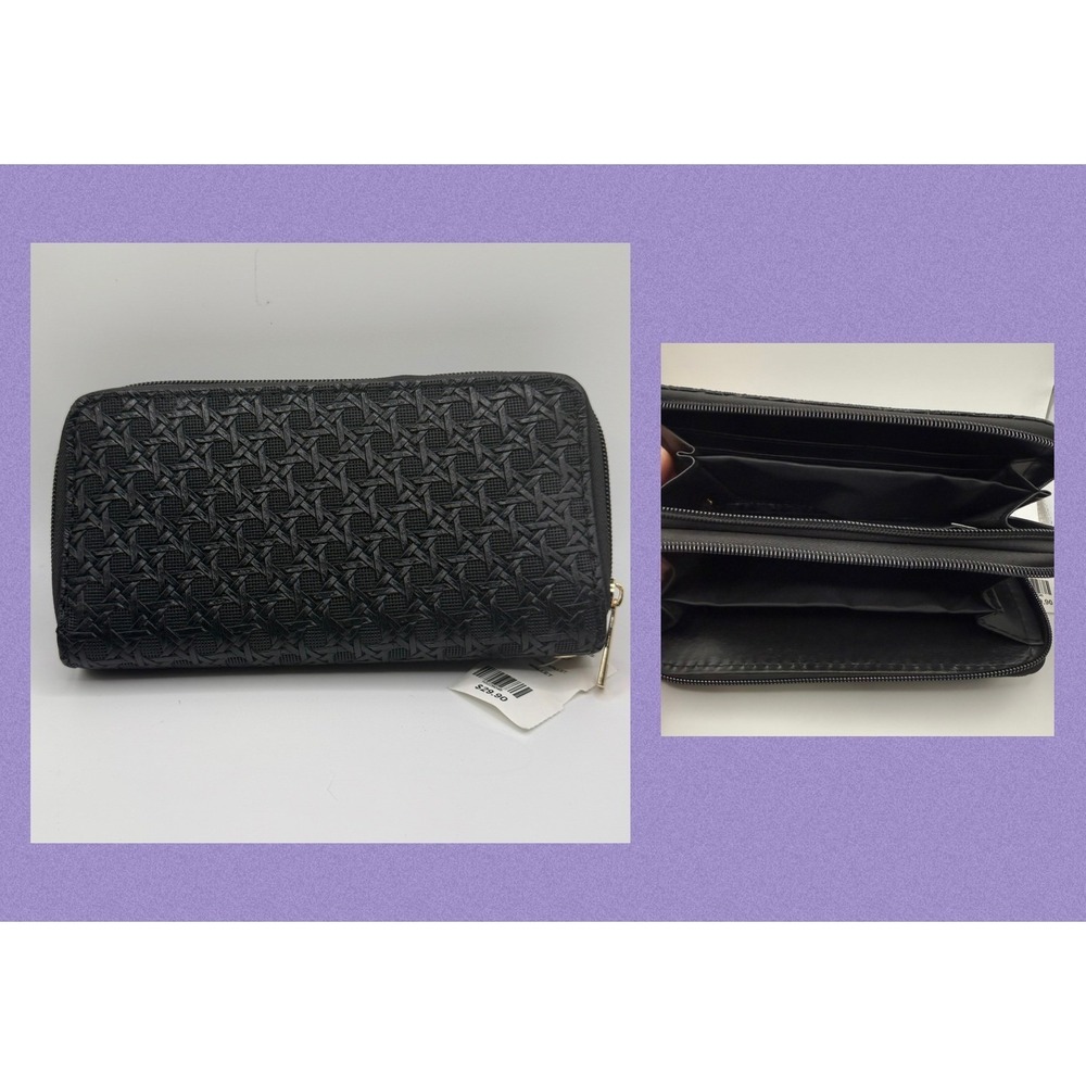 NEW NWT Black‎ Embossed Double Gold Zipper Wallet Organizer Clutch Wristlet